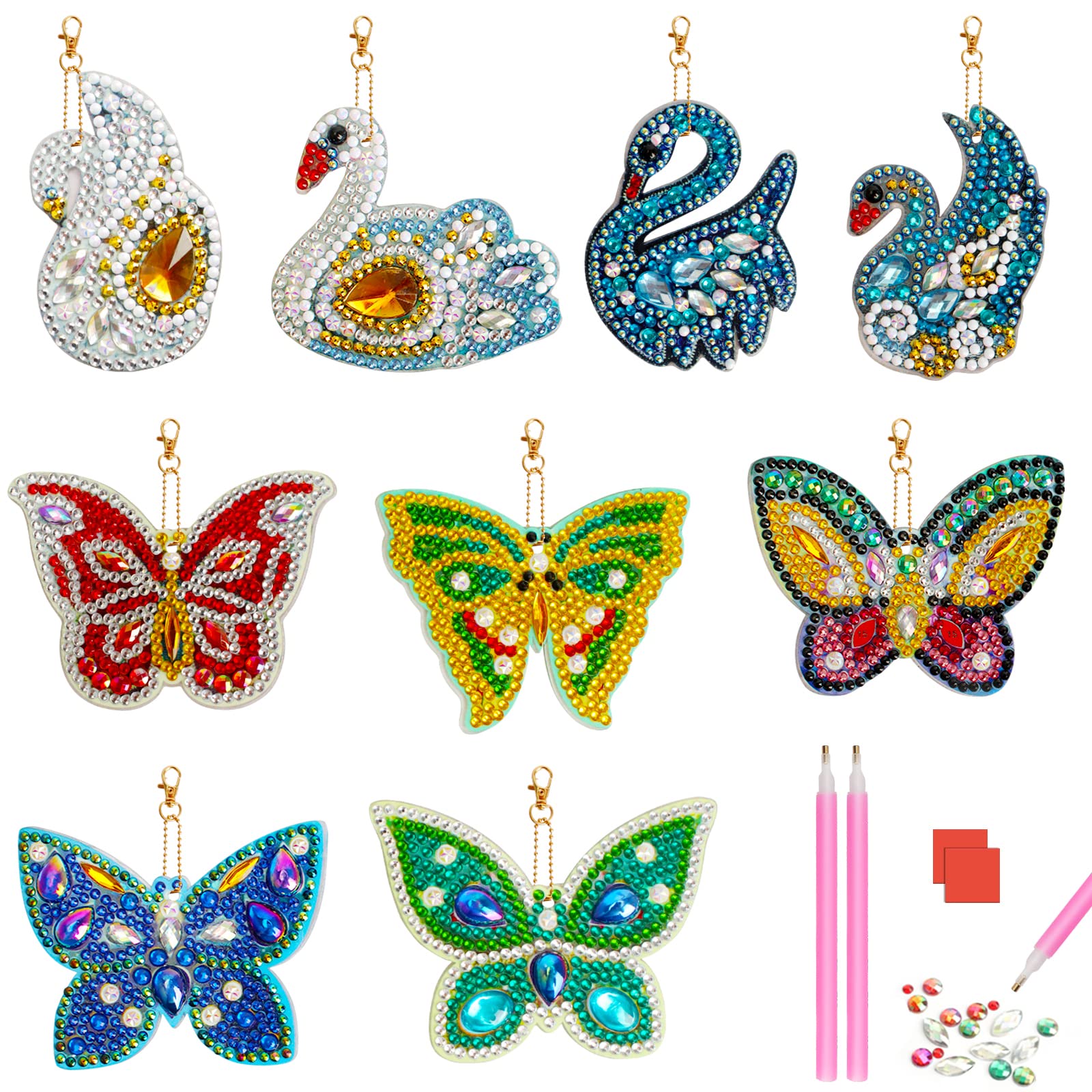 9Pcs 5D Diamond Keyring Kits Swan Butterfly Decorative Painting Pendant DIY full drill diamond painting keychain kit Art Craft for Bag Purse Handbag (9 Styles)