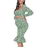 Maternity Fall Floral Midi Bodycon Dresses, Long Puff Sleeve Square Neck Ruffle Hem Mermaid Baby Shower Dress Bright Green XL