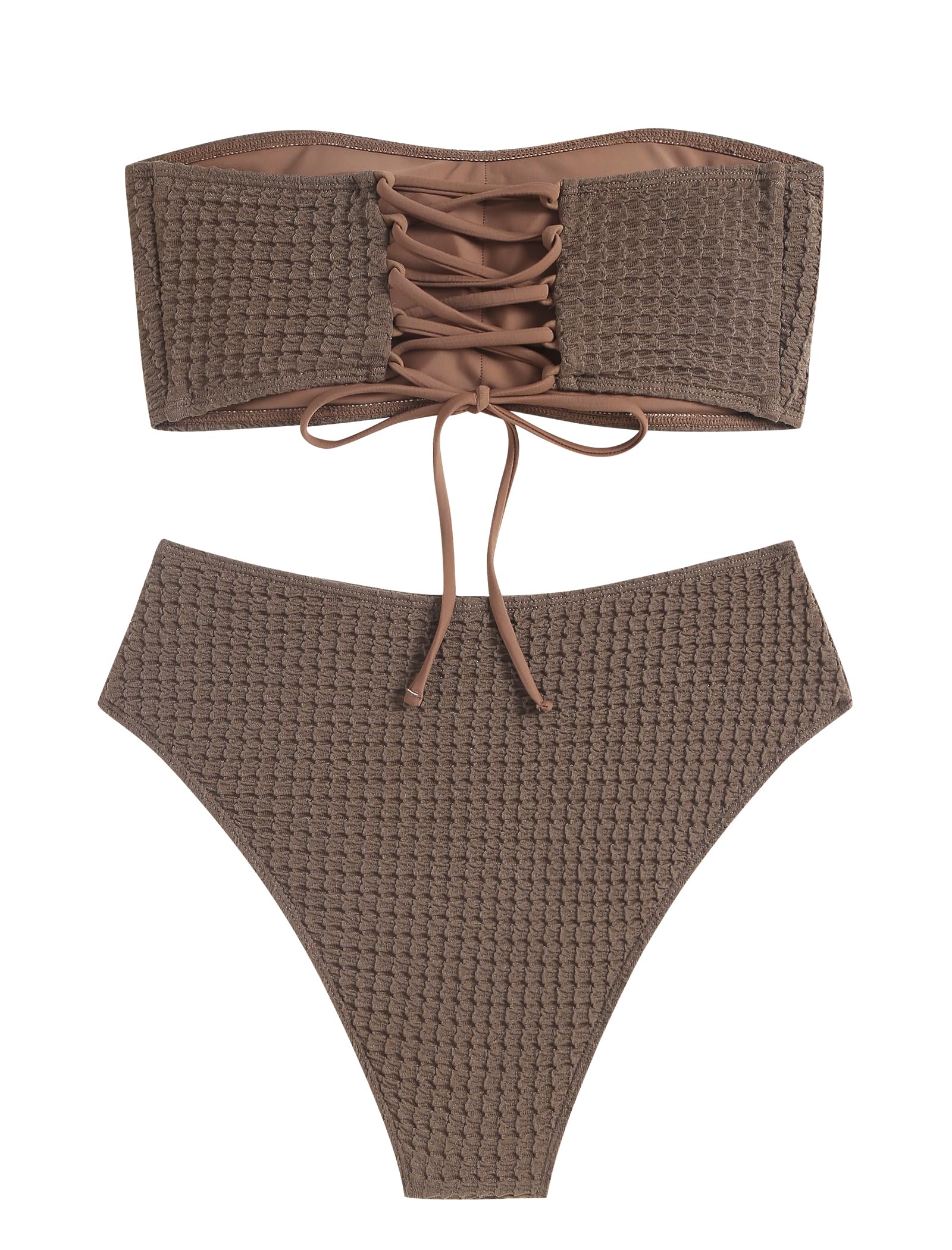 ZAFUL Women's Textured Bandeau Bikini Strapless Solid Color 2 Pieces Bathing Back Lace-up Suit Swimsuit (7-Brown,M) - Image 3