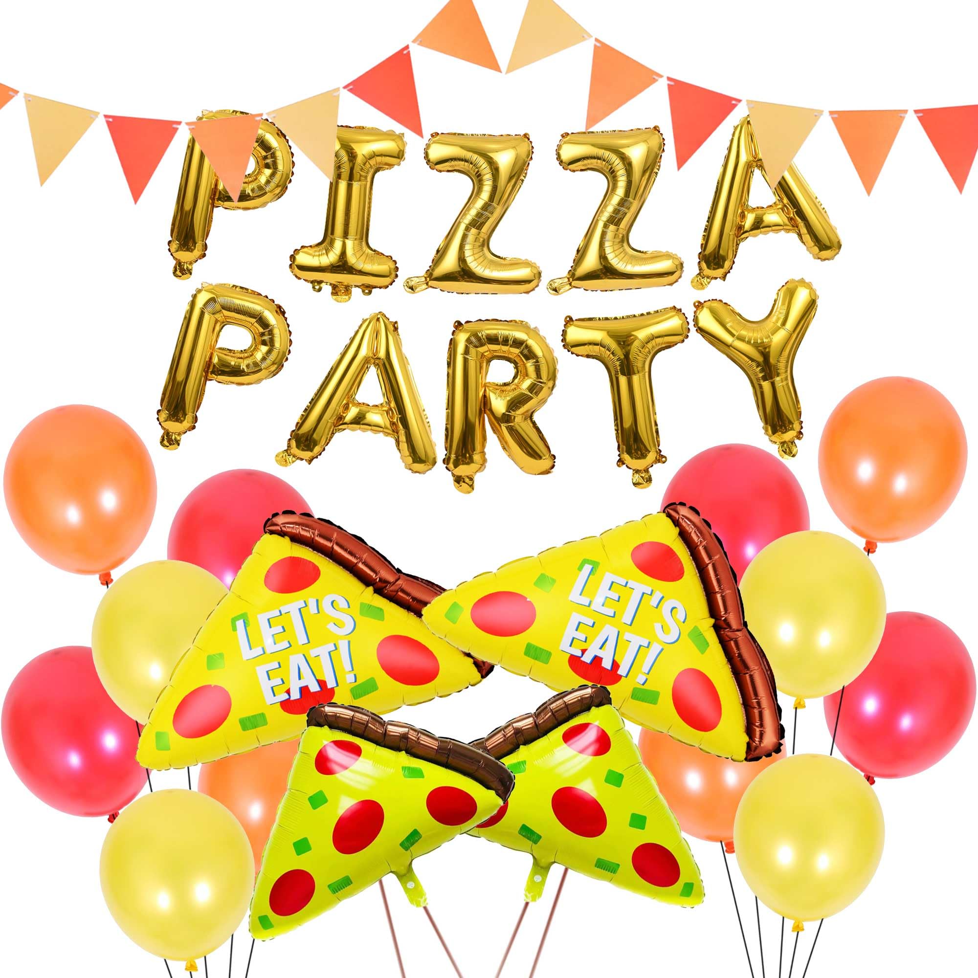 Pizza Balloon Party Decorations Set - 27 Pcs Pizza Gold Letter Mylar Foil Balloons Triangle Bunting for Baby Shower Decorations