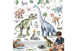 wondever Large Dinosaur Wall Stickers Watercolor Tropical Animals Dino Plants Volcano Wall Art Decals for Boys Room Baby Nurs