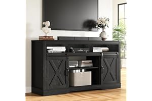 RoyalCraft Farmhouse TV Stand for 65+ Inch TV, Tall Entertainment Center with Storage Cabinets and Sliding Barn Doors, Mid Century Modern Media TV Console Table for Living Room (Black)