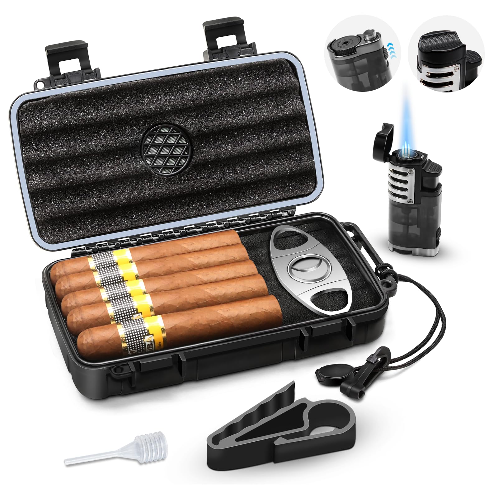 Photo 1 of Flauno Travel Cigar Humidor Case - Portable Humidor Kit with Lighter (Without Gas), Cutter, Holder, Humidifier & Dropper, Waterproof, Crushproof, Airtight Seal (Holds up to 5 Cigars)
