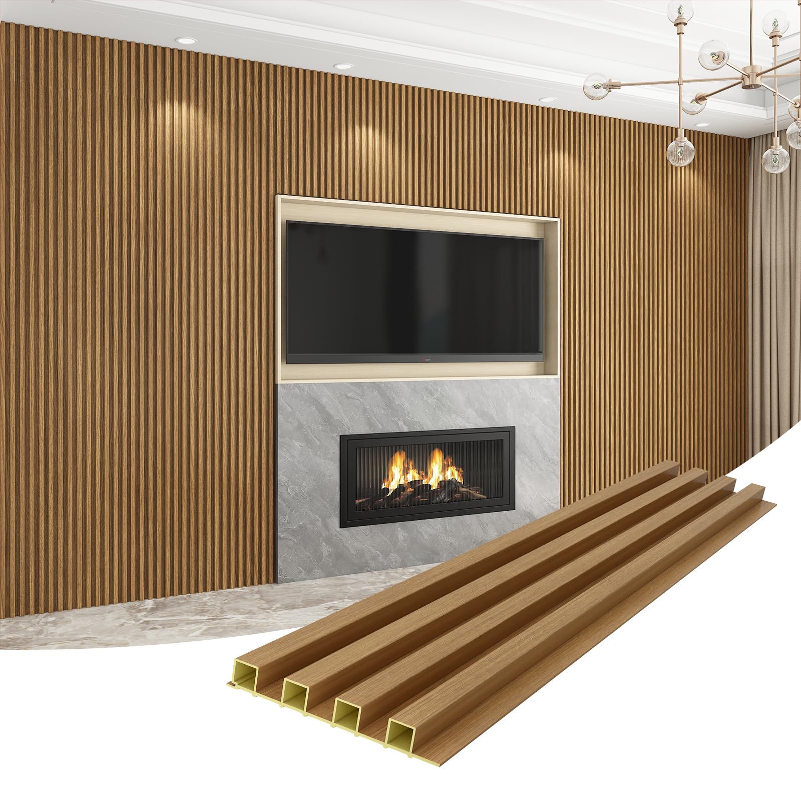 Photo 1 of VESLARA 8-Pack WPC Wall Panels 108’’ x 6.1’’ 3D Slat Wall Panel Acoustic Wall Paneling for Interior Wall Decor TV Background Kitchen Bedroom Oak