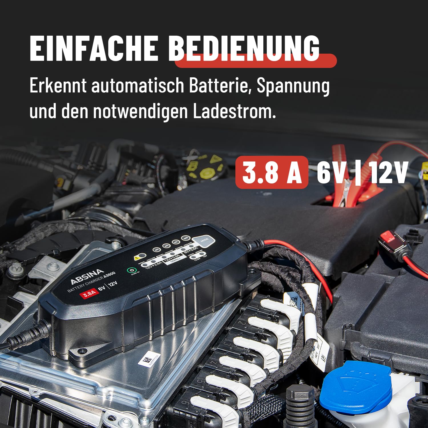ABSINA 3,8 A Batterieladegerät KFZ für 6V & 12V Blei Batterie bis 120Ah & 12,8V Lithium - Ladegerät Autobatterie - AGM Ladegerät 12V für Auto Motorrad Wohnwagen - Erhaltungsladegerät 3