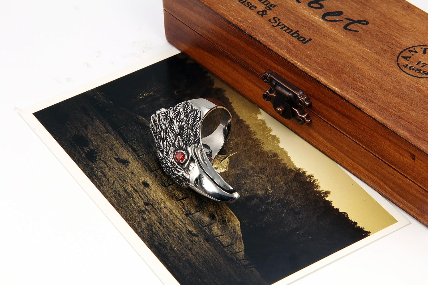 JewelryWe New Stainless Steel Hawk Eagle Ring, Mens Biker Engagement Wedding Band Black Silver Tone (with Gift Bag), V - Image 3