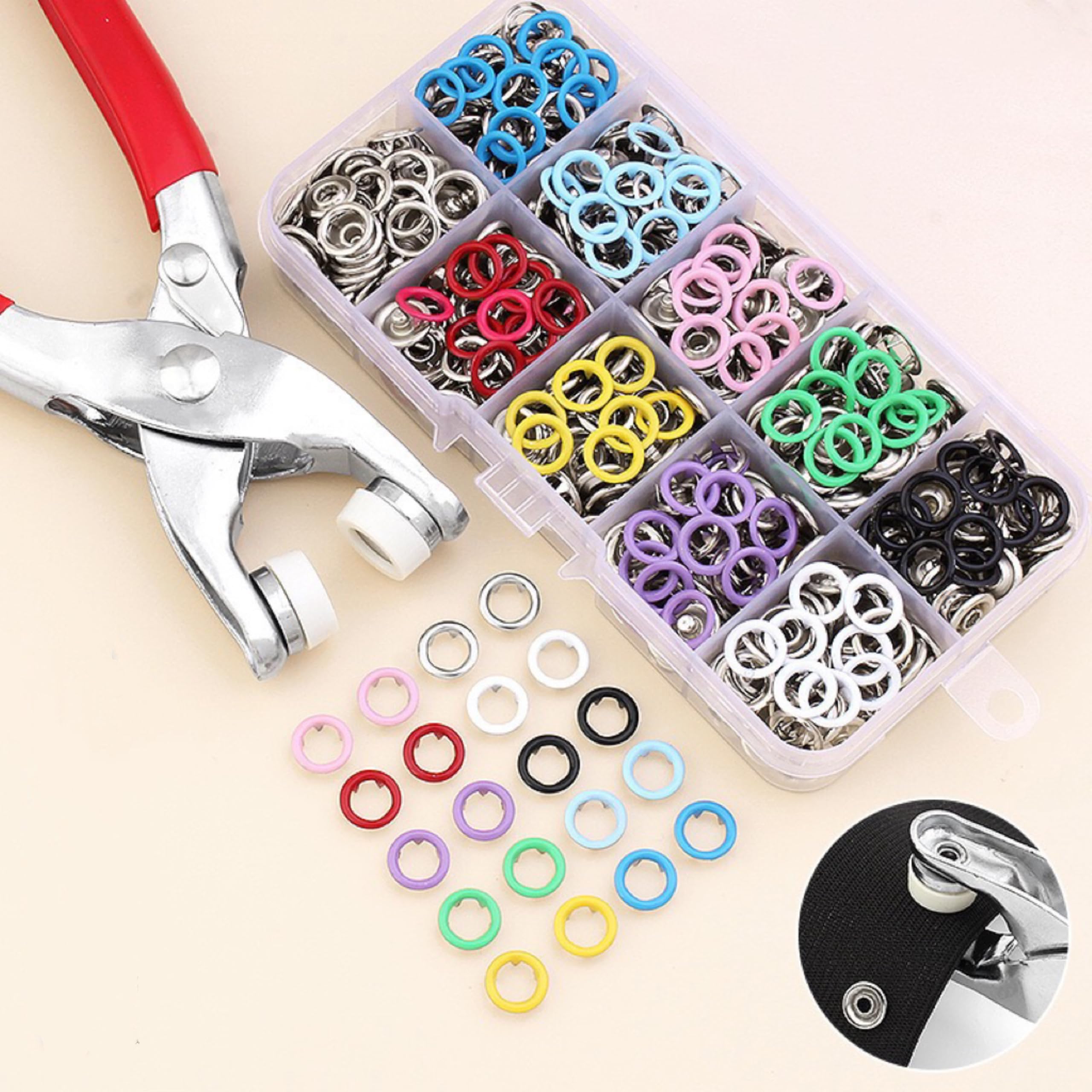 Pangogogo Poppers Fasteners - Easy to Use, No Sewing 9.5mm Snap Fasteners - 200 Set of Snaps in 10 Colours, Snap Button Fastener Kit for Hand Sewing, Mending and Decorating