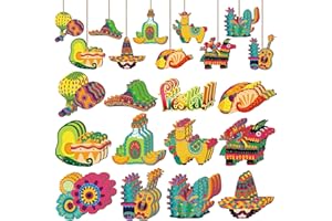 Purpeak 36 Pcs Mexican Fiesta Wooden Ornaments Cinco De Mayo Tree Ornament Mexican Theme Fiesta Hanging Decoration Piñata Sign Cinco De Mayo Photo Props Tree Decor for Party Supplies Outdoor