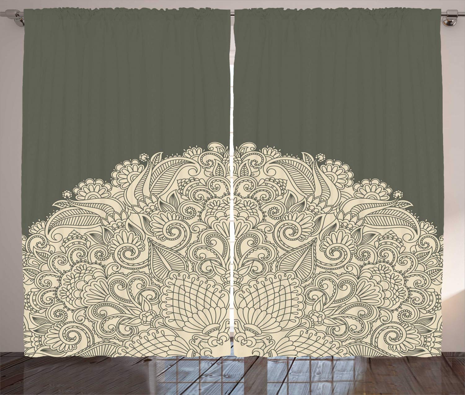 ABAKUHAUS Oriental Curtains, Half Mandala with Rich Floral Curls Traditional Vintage Motif, Living Room Bedroom Window Drapes 2 Panel Set, 280 x 245 cm, Beige and dark taupe