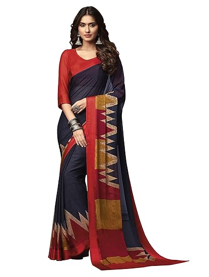 Womens Blue Chiffon Printed Saree And Blouse Material_RKRU1306A