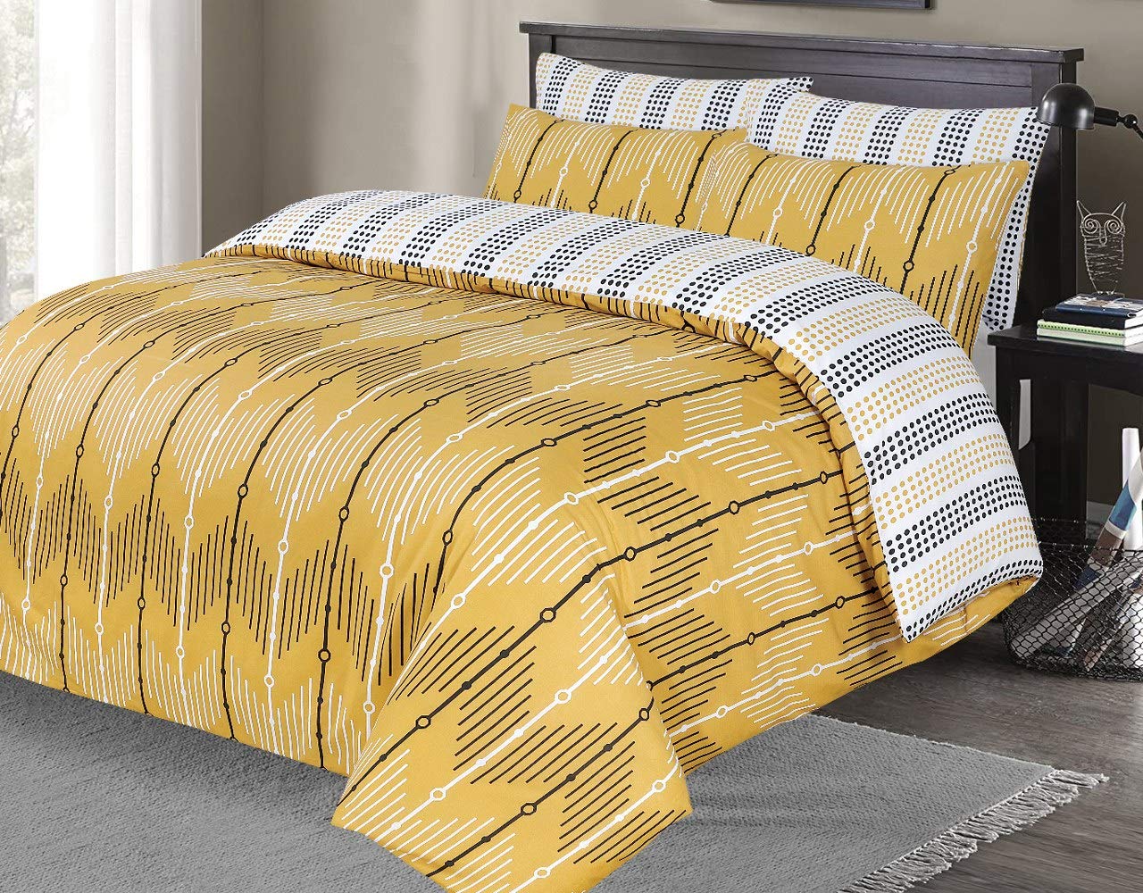 Indus Textiles Duvet Quilt Cover Bed Sets Reversible Patterned Soft and Smooth Easy Care - Ziggy Mustard - Super King