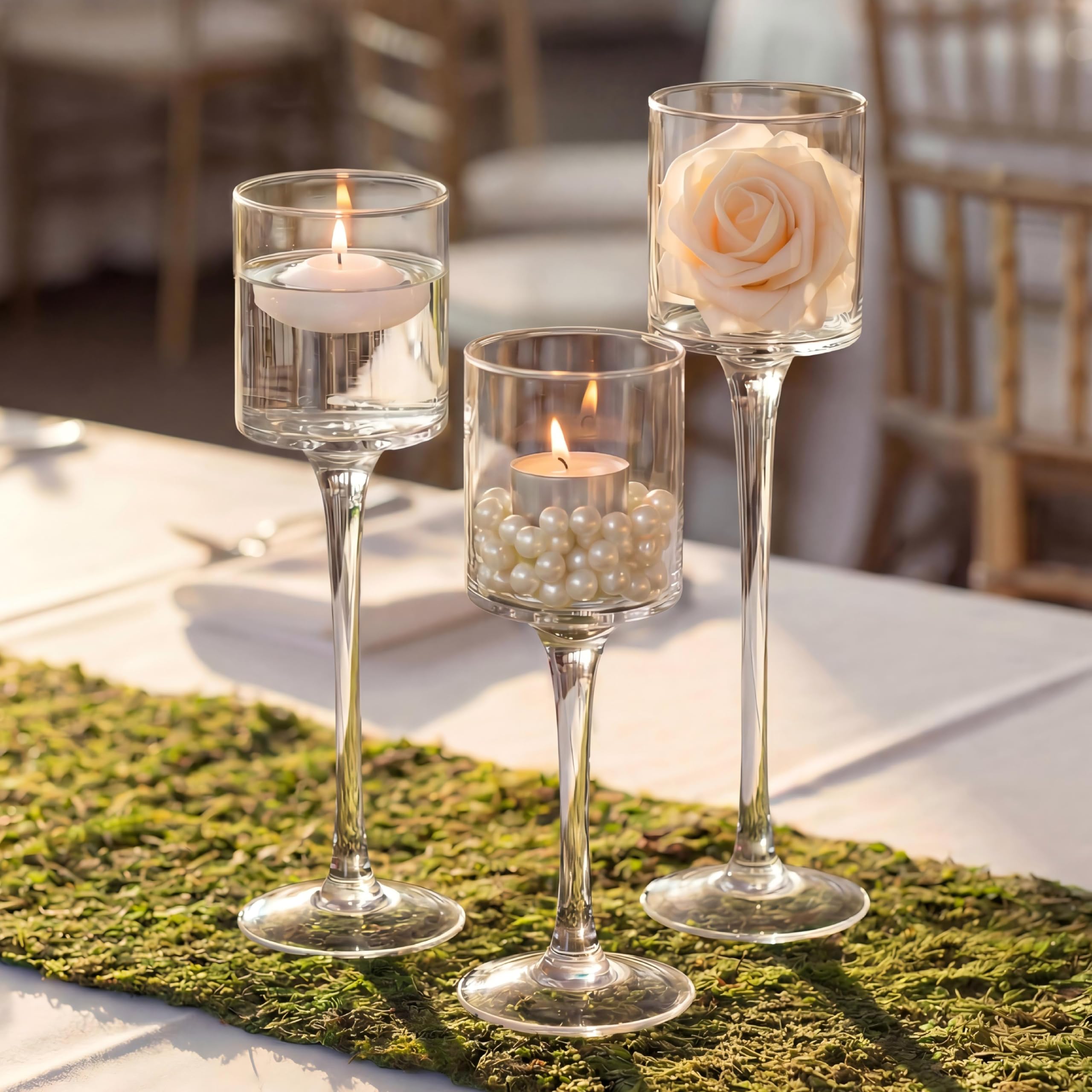 Nuptio Tea Light Candle Holders - 3 Pcs Glass Candle Holder For Tealight & Floating Candles, Tall Elegant Pillar Candle Holder For Wedding Party Table Christmas Centrepieces Living Room Home Decor