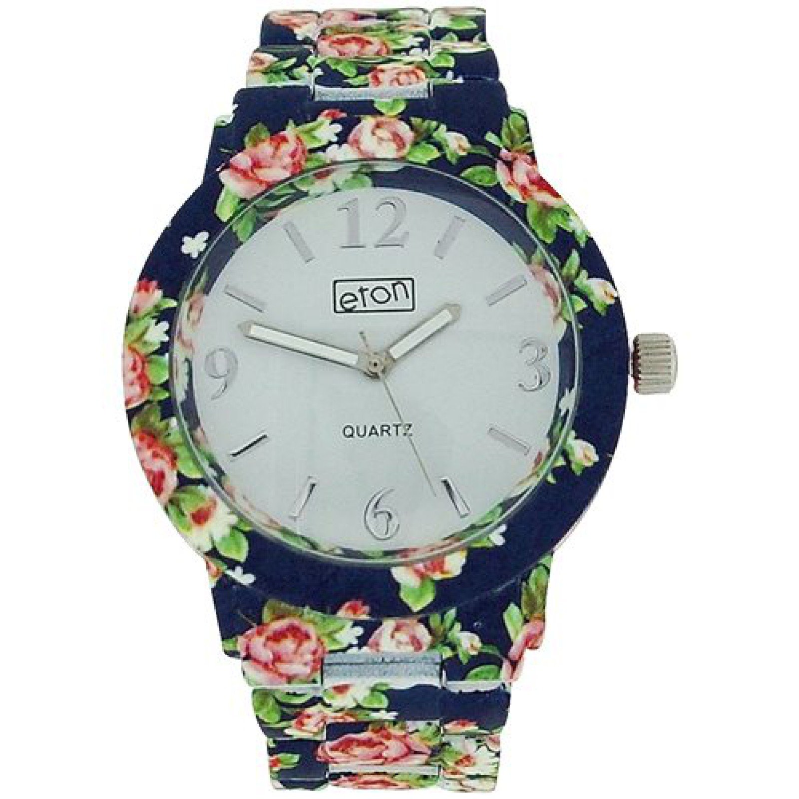 Eton Analogue Ladies White Dial Blu Floral Print Metal Bracelet Strap Watch 3174
