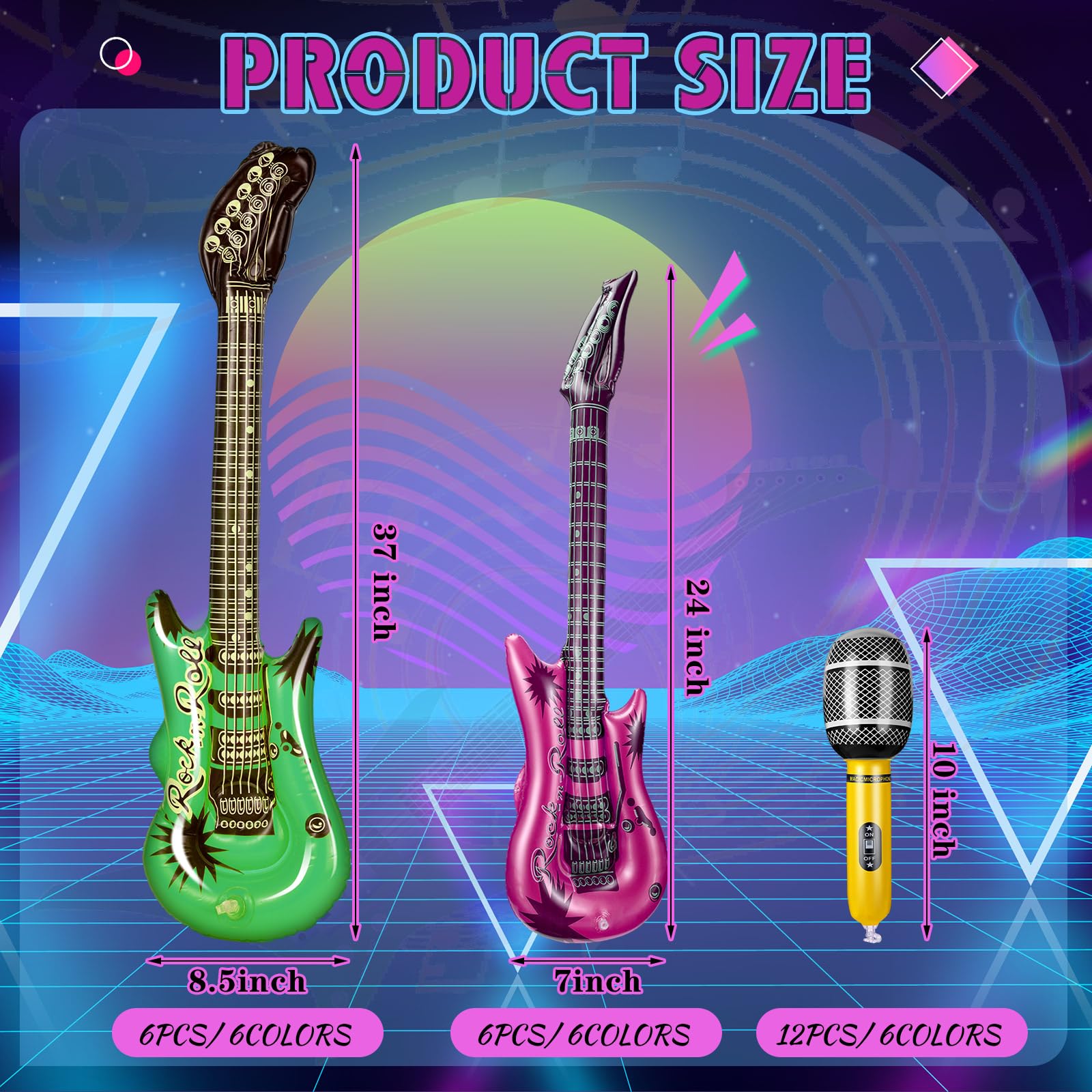 Tradder 24 Pcs Inflatable Rock Star Toy 37 Inch Set, Blow up Guitar Bulks Include Inflatable Guitar 24'' and 10'' Microphone for 80s 90s Musical Themed Party, Birthday Party Decor