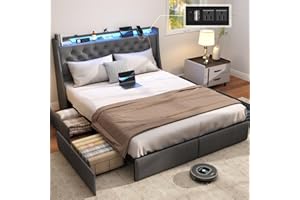 SADENICEL Queen Bed Frame with Storage Headboard and 4 Drawer, Metal Platform Bed Frame Queen Size with LED Light, Charging Station, No Box Spring Needed, Noise Free, Easy Assembly, Grey