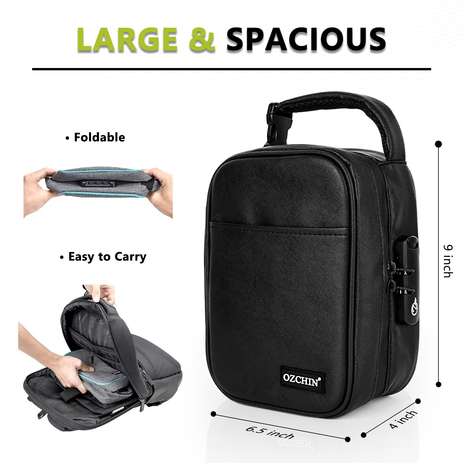 OZCHIN Large Smell Proof Bag with Combination Lock Odor Proof Lock Box Travel Storage Case Activated Charcoal Bag Great (Black)