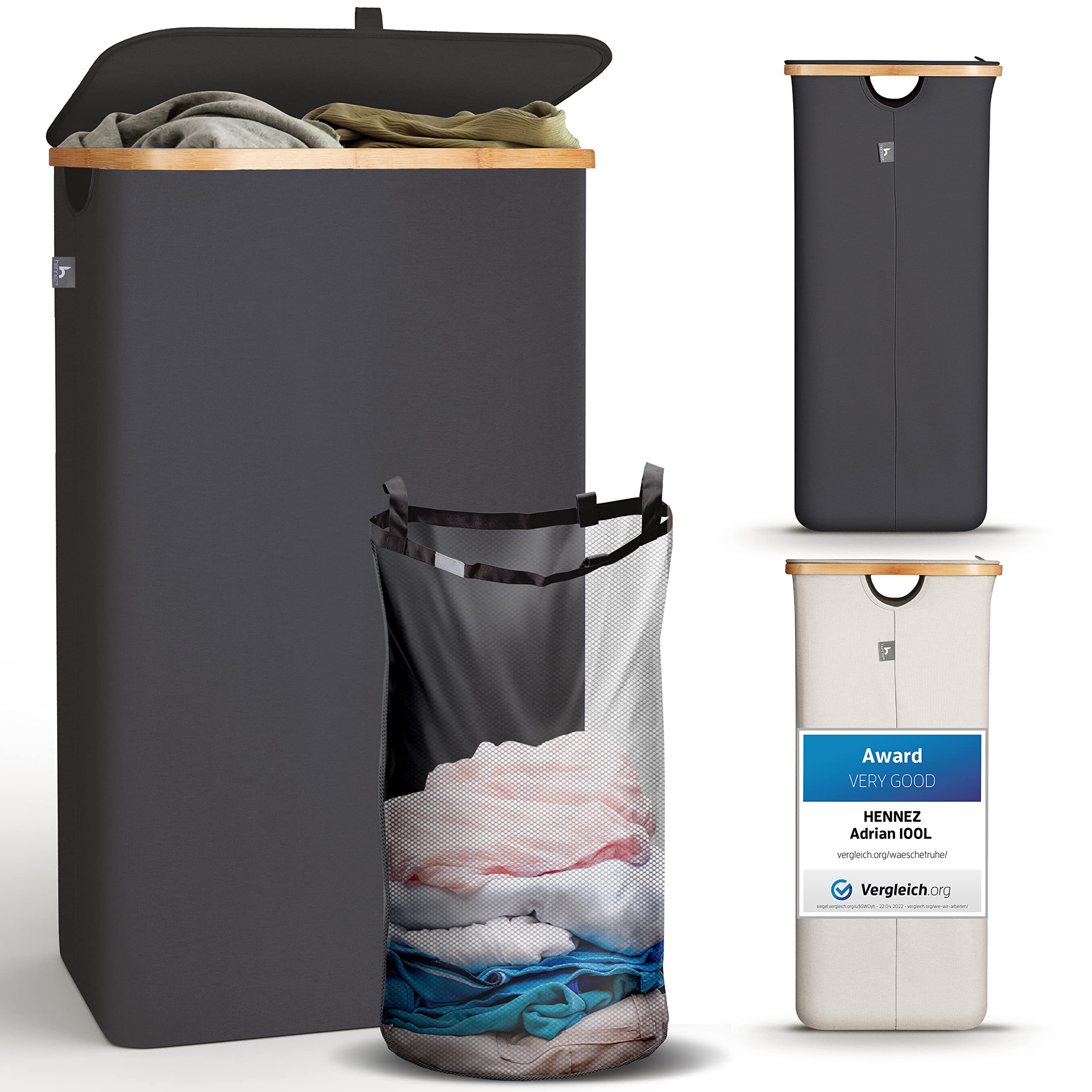 HENNEZ 100L Bamboo Laundry Basket with Lid - With Removable Bag - Dirty Clothes Basket Washing Baskets - Hamper Wash Baskets Bin