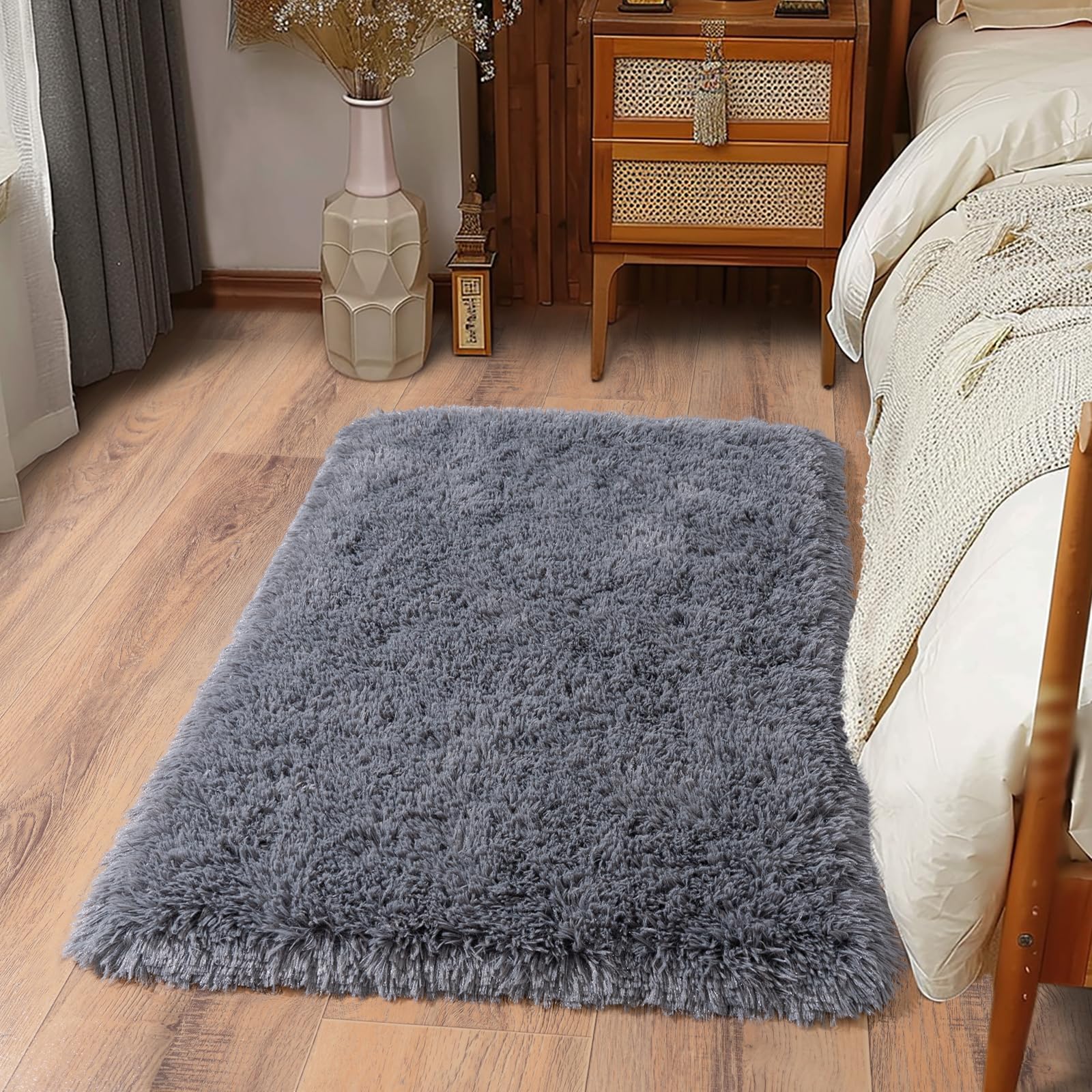 Photo 1 of Ailyei Ultra Soft Runner Rugs for Bedroom Hallways with Upgraded Non-Slip Rubber Backing & Thick Memory Sponge, 2x3 Feet Fluffy Shag Throw Area Rug for Bedside Dorm Dark Grey