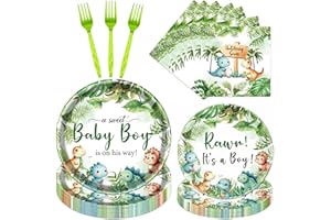 Yoyuspy Dinosaur Baby Shower Decorations for Boys, 96PCS Rawr Its a Boy Party Plates Napkins and Forks Set Supplies, Disposab