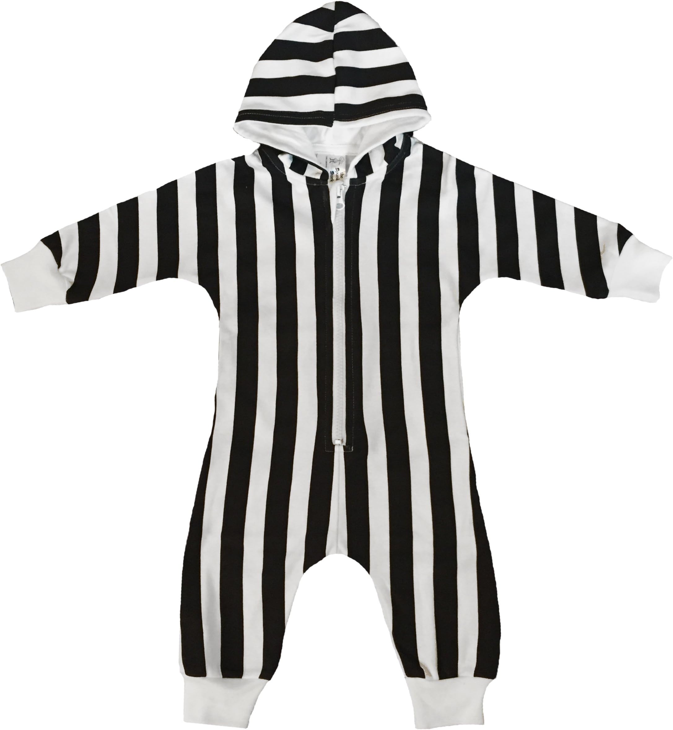 The Spunky Stork Black & White Striped Baby Hooded Coveralls Jumpsuit