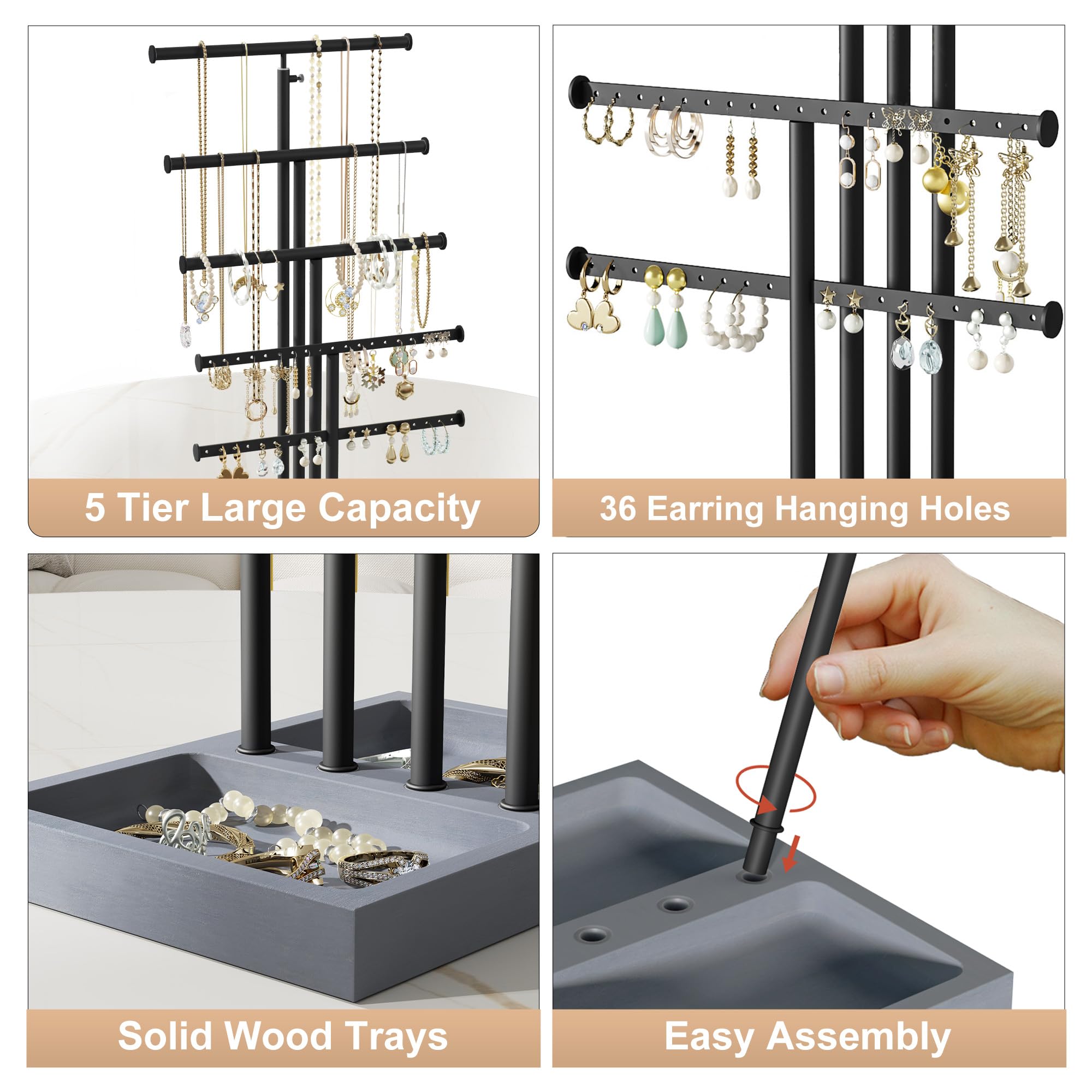Love-KANKEI Love-KANKEI Jewelry Organizer Stand,5 Tier Large Necklace Holder with Wood Base,Jewelry holder stand Tree for Display,Bracelets Earrings Rings,Height Adjustable Gift Weathered Grey