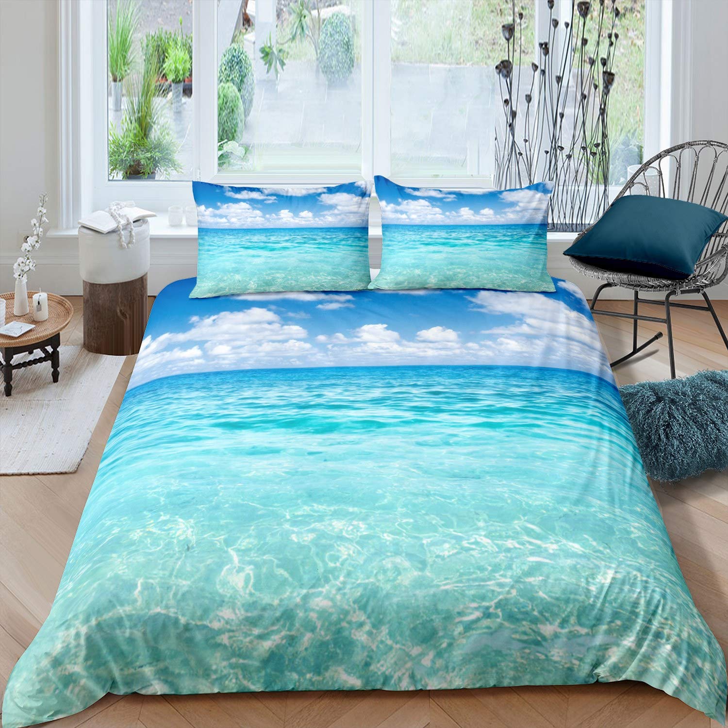 Ocean Themed Bedding Set Girly Teal Sea Printed Comforter Cover for Kids Girls Women Hawaiian Beach Duvet Cover Breathable Summer Holiday Vacation Bedspread Cover Room Decor Quilt Cover King Size