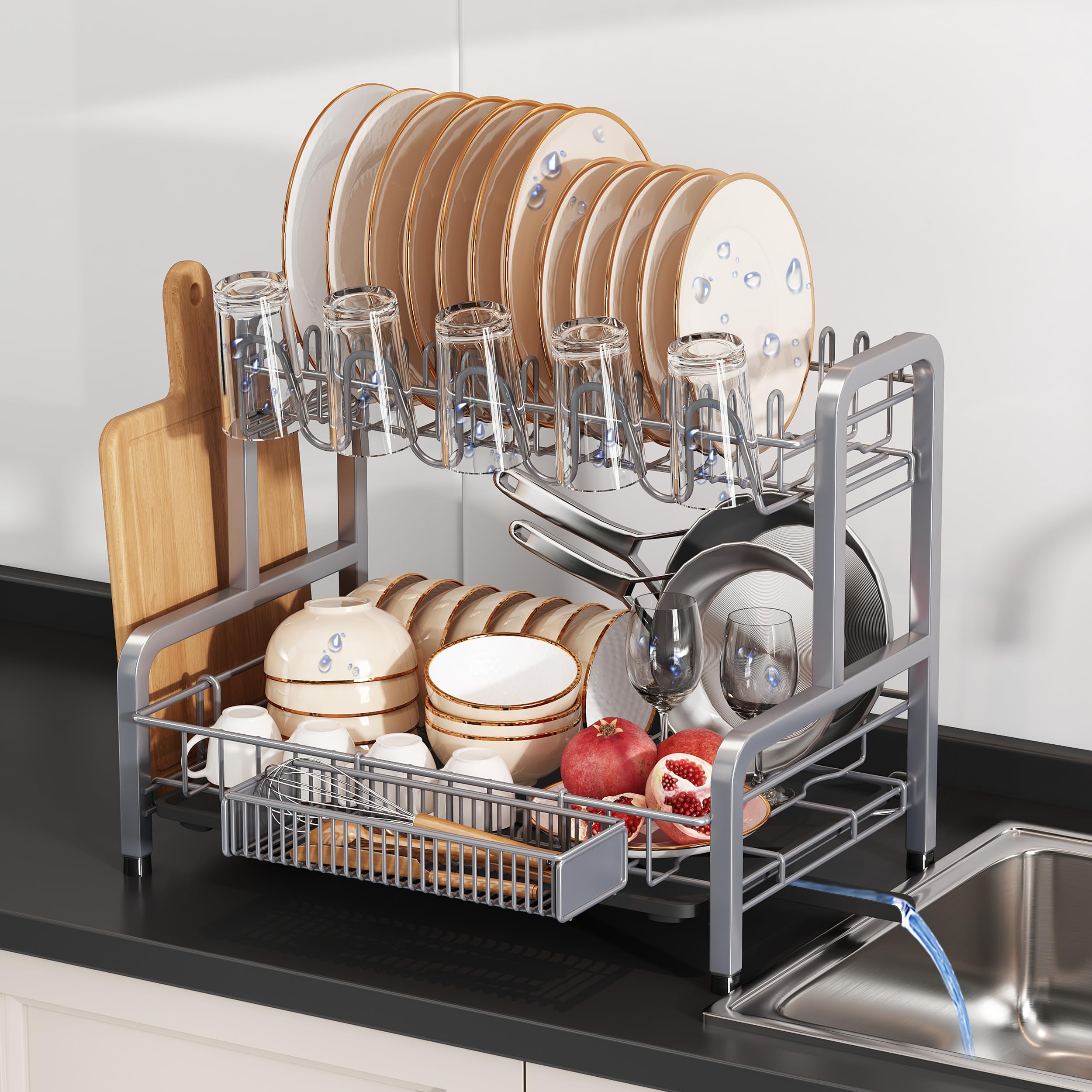 Photo 1 of 2 Tier Dish Drainers Drying Rack for Kitchen Counter Large Stainless Steel Dishes Drain with Drainboard, Space Saving, Big Modern Silver Countertop Metal Plates Dryer Strainer Holder and Extra Tray