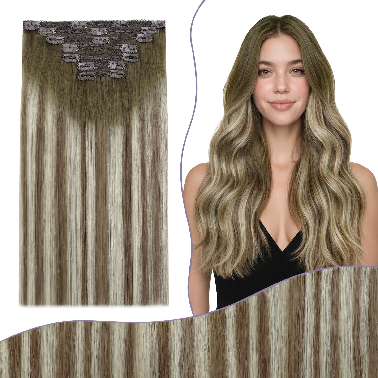Fshine ClipIn Human Hair Extensions 16 Inch 7pcs 135g Dark Brown to Ash Brown Highlight Medium Blonde