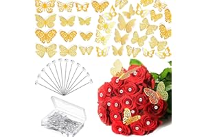 VSHINIC 148 Pcs Bouquet Corsages Pins for Flower and 3D Gold Butterfly Wall Decor Set Flower Diamond Pins Crystal Head Straight Pins Bouquet Accessories for Mother's Day Birthday Wedding Party