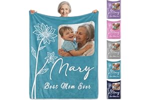 Ships Next Day, Custom Blanket with Picture Text for Mom, Personalized Christmas Birthday Blanket with Name Birth Month Flowe