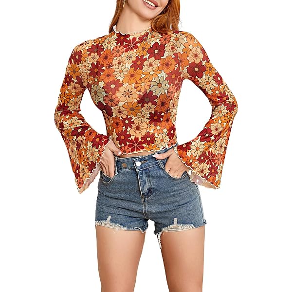 Verdusa Women's Bell Sleeve Top - Floral Mesh Mock Neck Crop T-Shirt