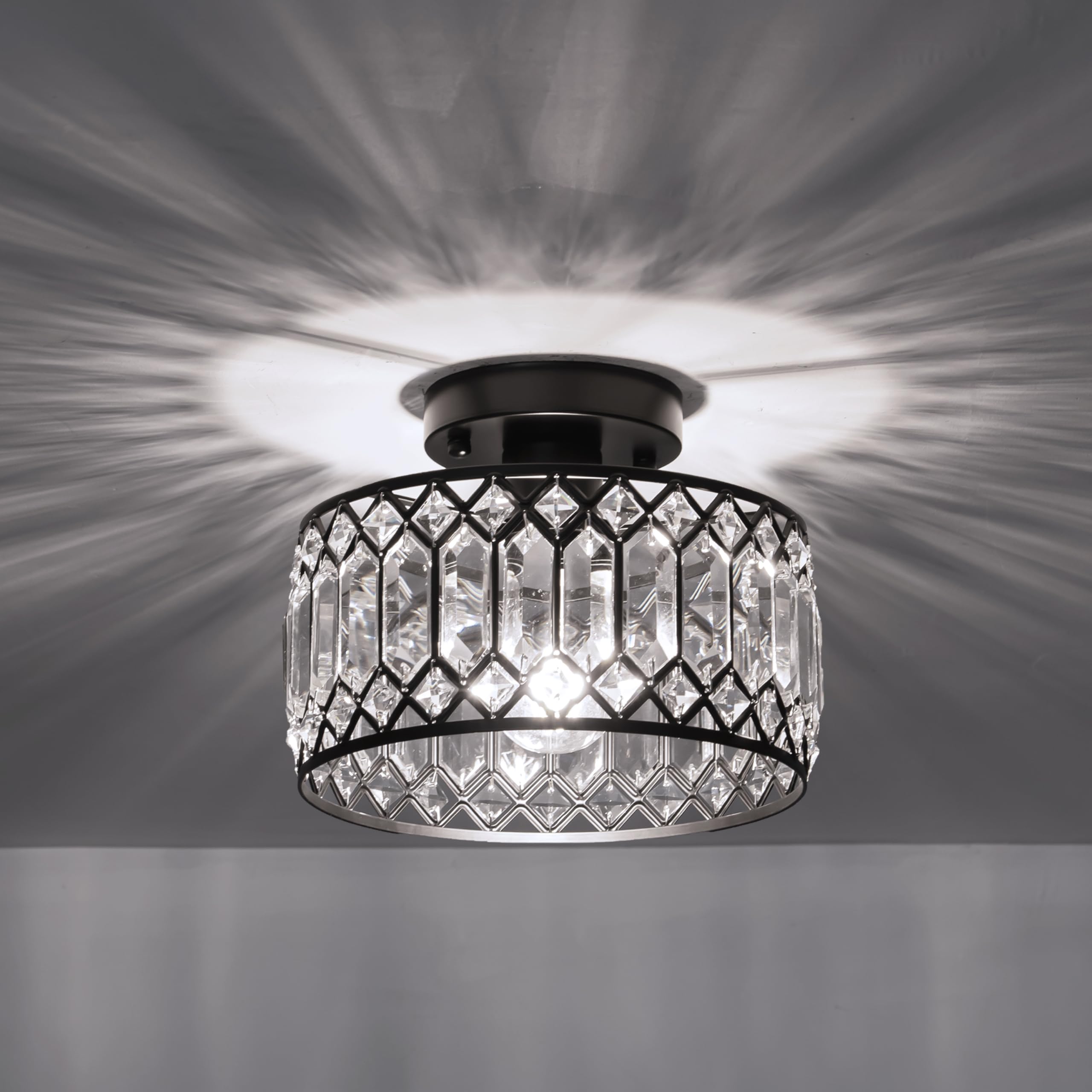 Photo 1 of 2025 New K9 Crystal Semi Flush Mount Ceiling Light Fixture, 9 Inch Small Mini Black Modern Crystal Chandeliers for Walk In Closet Bathroom Bedroom Low Ceiling Hallway Kitchen Entryway Laundry Room