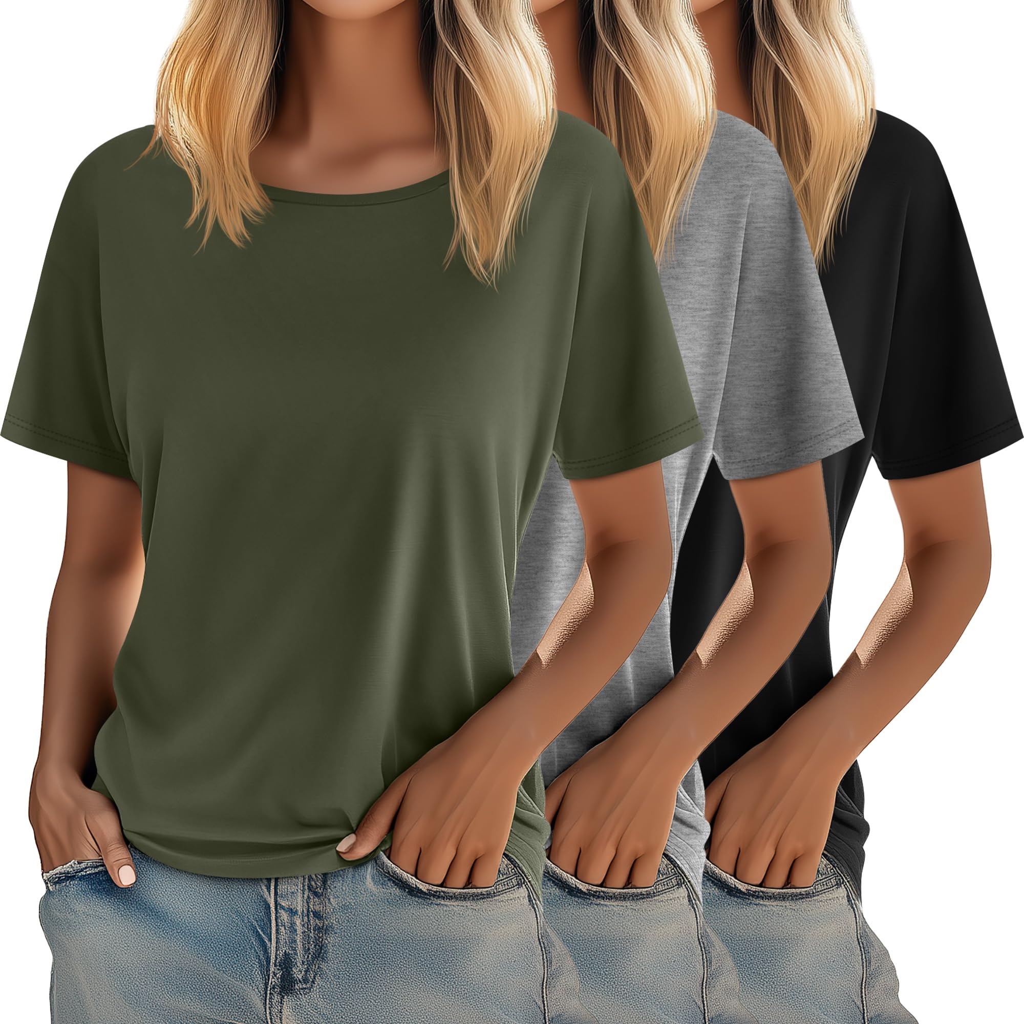 Photo 1 of ***Only 1***
Riyiper 3 Pack Women's Crewneck Tshirts, Casual Summer Loose Tees Basic Short Sleeve Tops Classic Plain Tees Tops for Ladies (Black, Army Green, Light Heather Gray,Large)