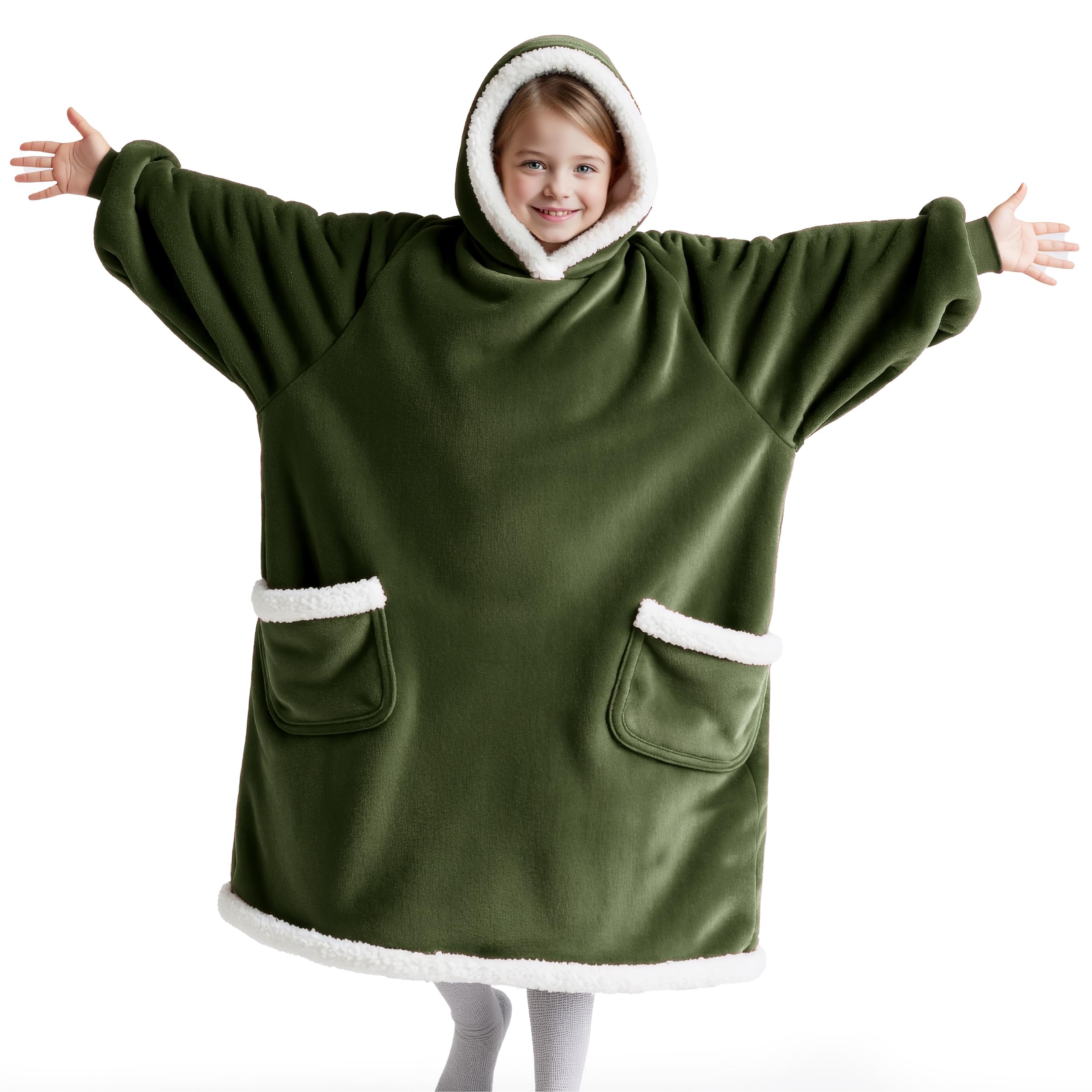 Bedsure Blanket Hoodie, Wearable Blanket Hoodie as Gifts for Mom, Birthday Gifts for Women Kids Teens Sherpa Sweatshirt, Olive Green, Kids Image