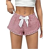 MakeMeChic Women's Gingham Plaid Shorts Bow Front Frill Trim Ruffle Y2K Mini Pajama Shorts