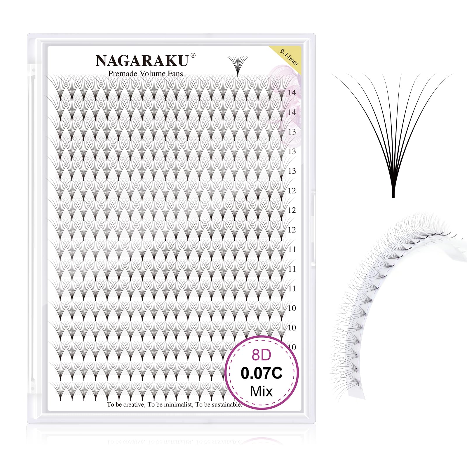 NAGARAKU Eyelash Extensions 320 Clusters Premade Fans Russian Volume Long Stem Premade Fans Thin Pointy Base Natural Pre Fanned Fluffy False Eyelash Black 16 Rows (8D 0.07 C Curl 9-14mm Mix Tray)