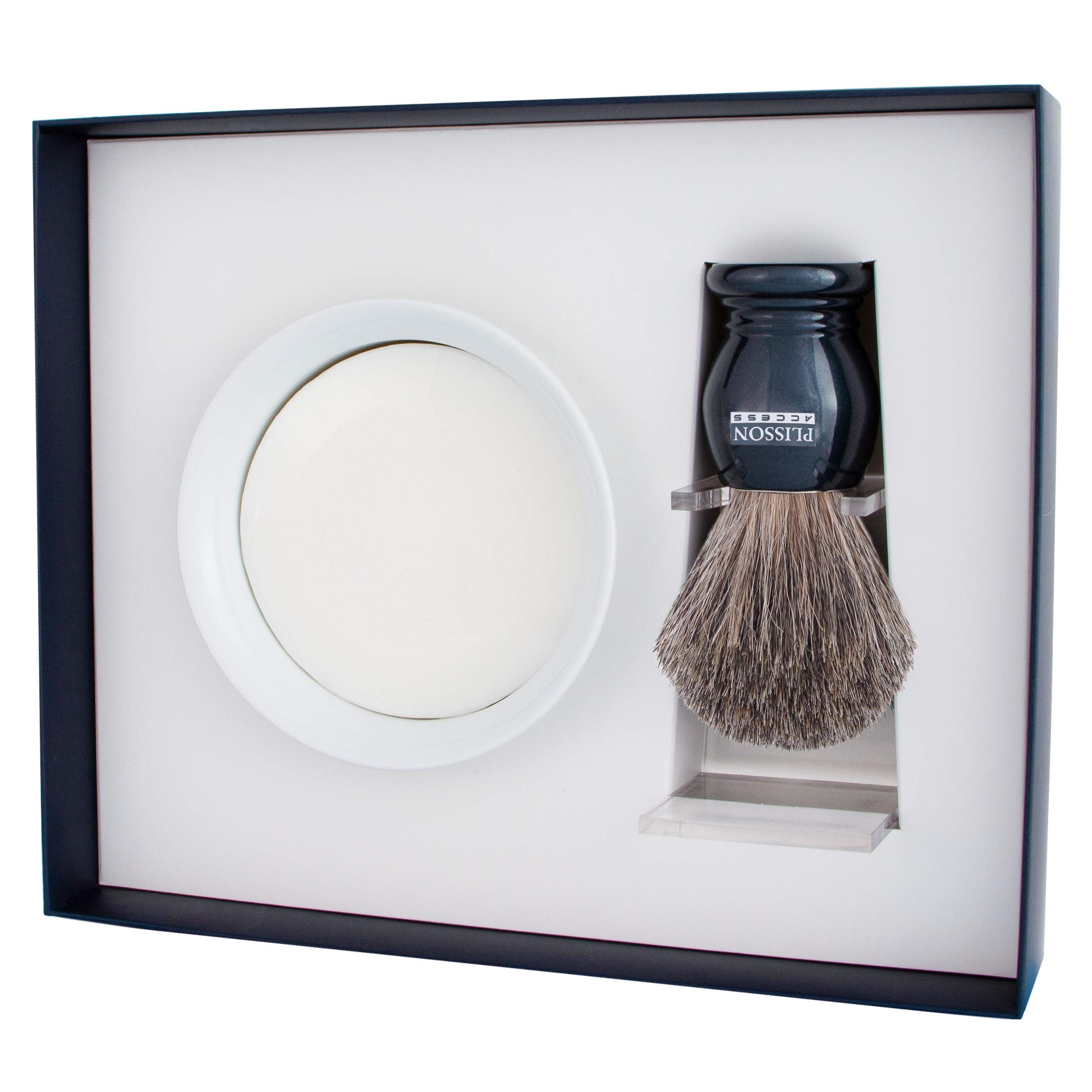 Plisson Shaving Set Shaving Brush Grey Pearlescent Natural Grey Hair Size 12 Soap Bowl Holder