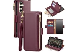 Antsturdy Compatible with Samsung Galaxy S25 Wallet Case with Card Holder,PU Leather Phone Case Flip Protective Cover RFID Blocking Wrist Strap Credit Card Slots Kickstand Men Women,Wine Red