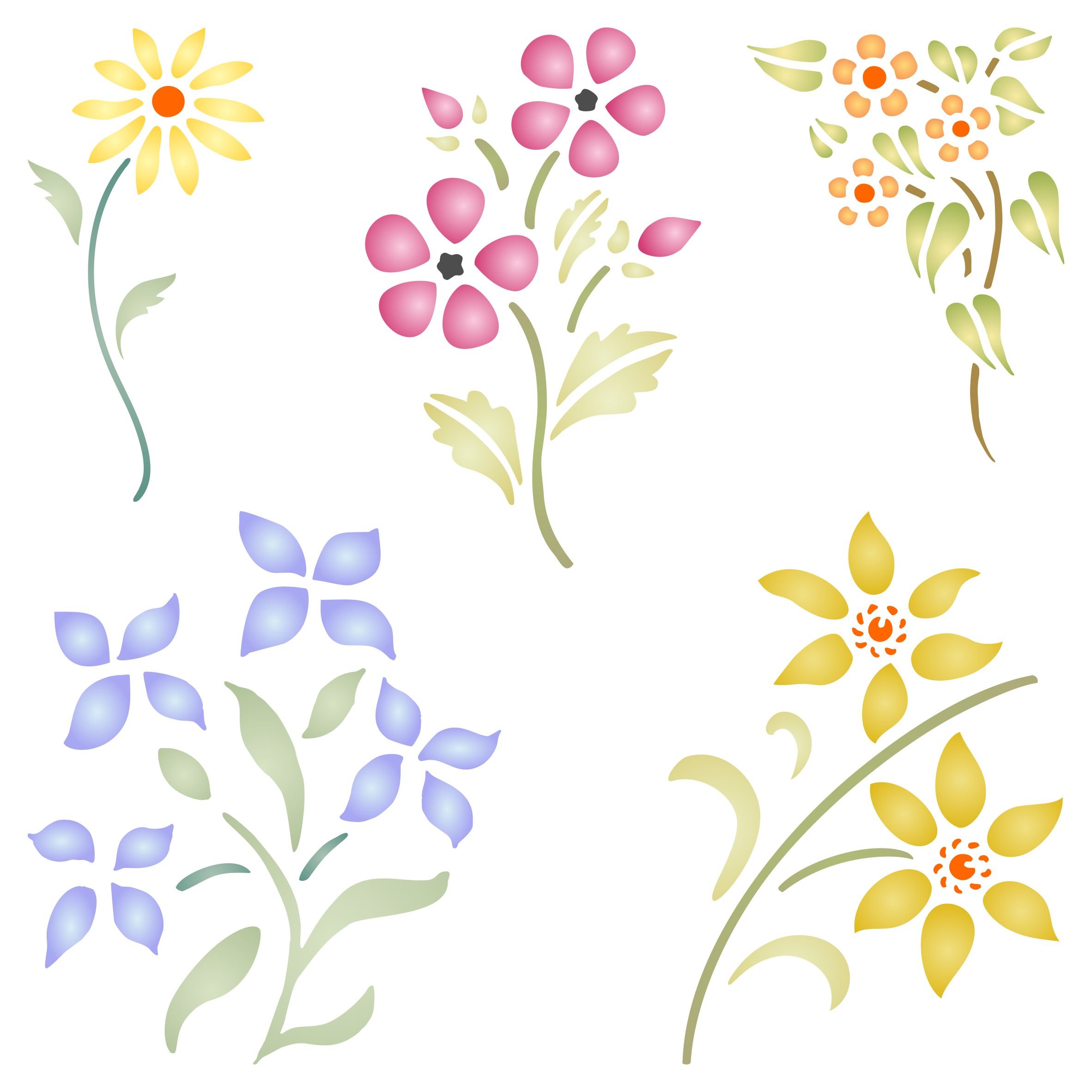 Floral Set Stencil - 12.5 x 12.5cm (S) - Reusable Flowers Flora Plants Wall Stencil Template