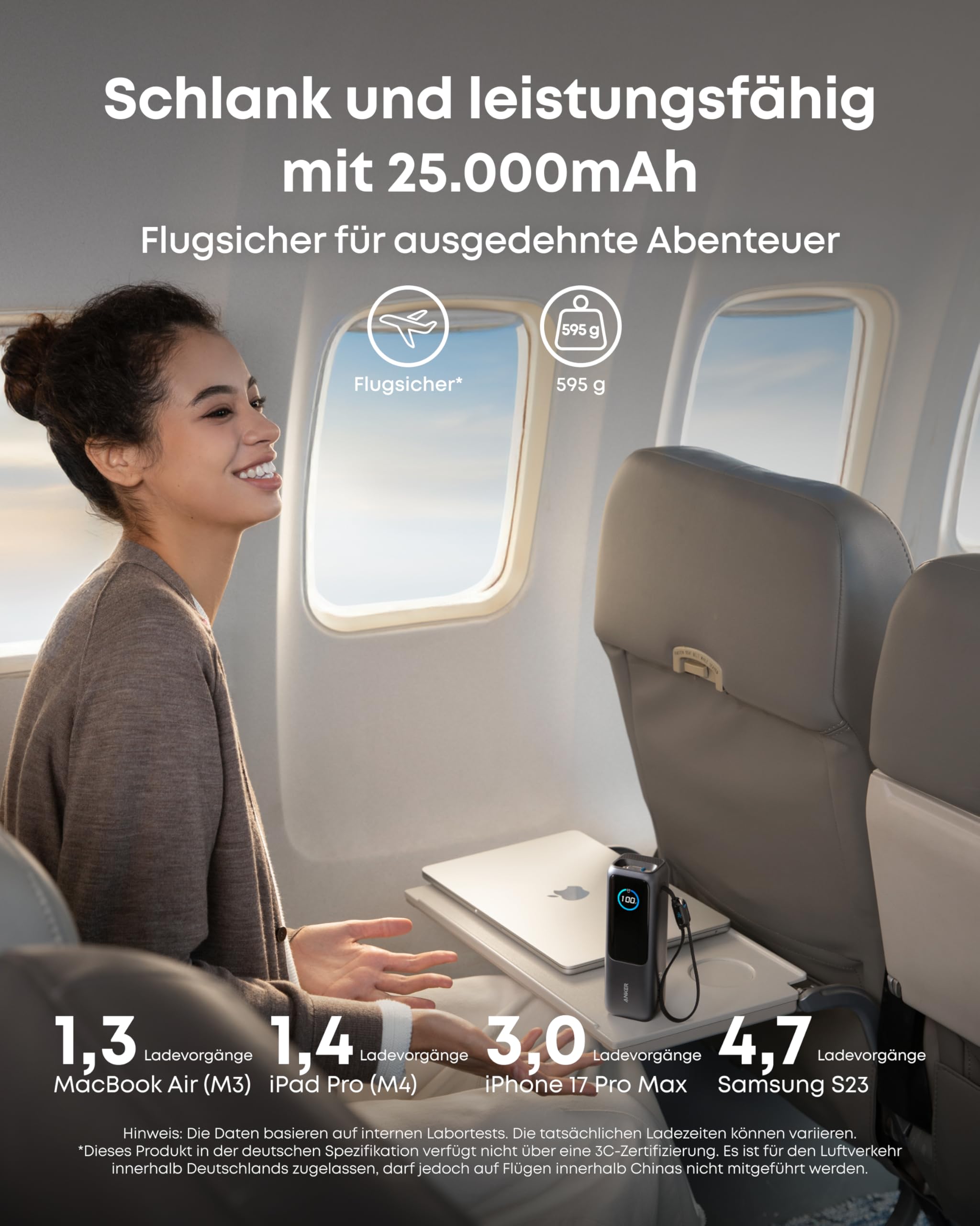 Anker Laptop Powerbank 165W 25000 mAh, Ladegerät mit 70cm ausziehbarem Kabel & Trageband, 3 USB-C Ports für Laden mehrerer Geräte, Für MacBook Pro, iPhone 17/16/15, Samsung und mehr (flugzeugtauglich) 4