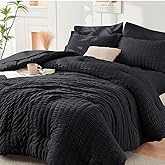 HYMOKEGE Black California King Comforter Set Seersucker 7 Pieces, All Season Luxury Bed in a Bag for Bedroom, Bedding Set with Comforters, Sheets, Pillowcases & Shams