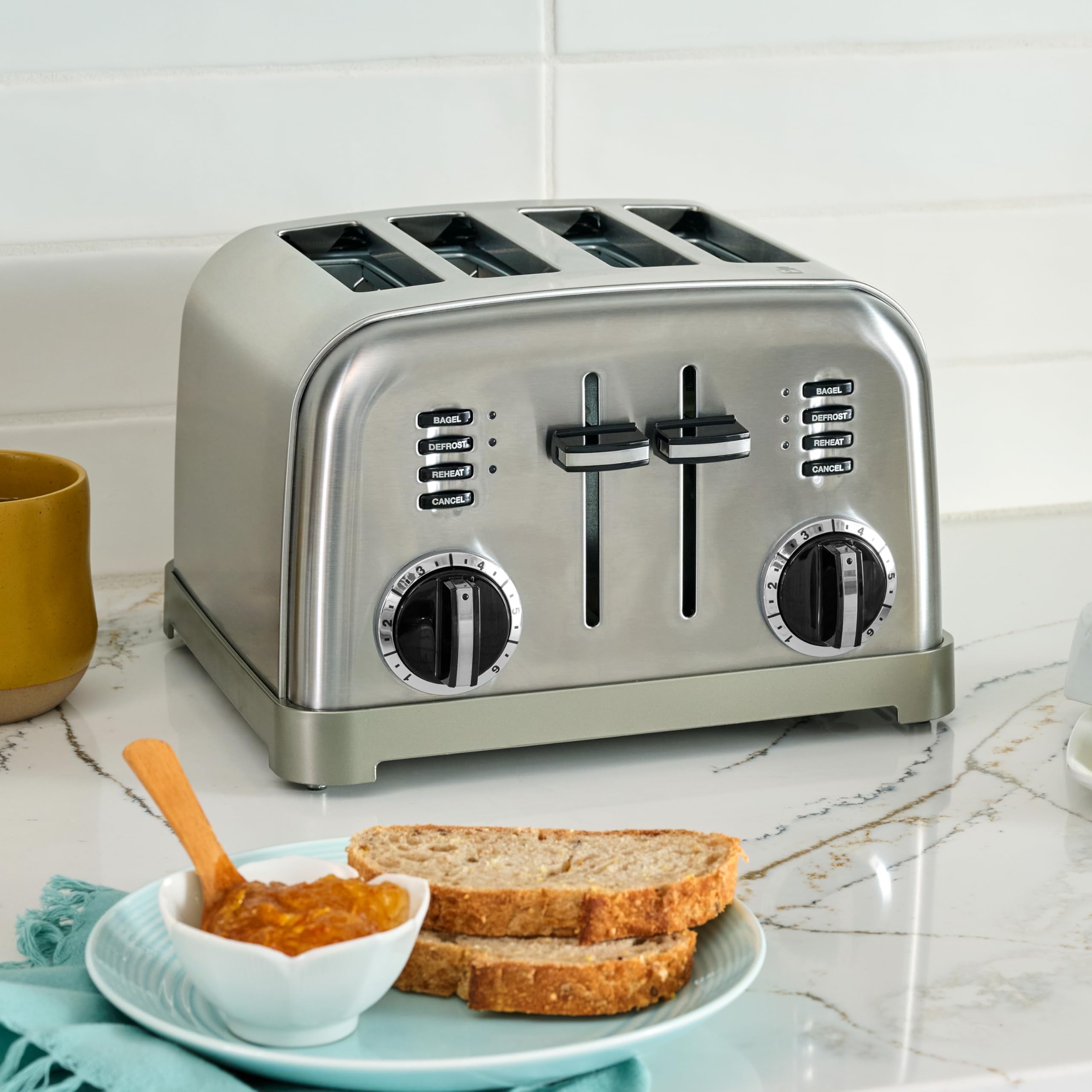 Cuisinart 4 Slice Toaster, Compact Stainless Steel Toaster with Extra-Wide Slots for Toasting Bread, French Toast, Bagels and Pastries, Defrost & Reheat Functions, CPT-180P1, Brushed Stainless