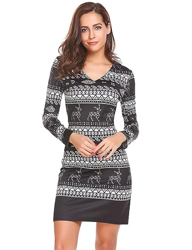 Kleid Jerseykleid V-Ausschnitt Langarm Druck im Boho-Style Silm Fit Herbst Festlich Kleid Bleistiftkleid Etuikleid