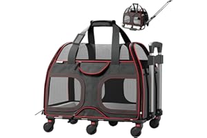 TSA and Airline Approved Pet Carrier with Wheels Katziela Luxury Rider for Dogs Cats Removable Base Flexible Top to Fit Under Seat Rolling Travel Bag (Black/Red)