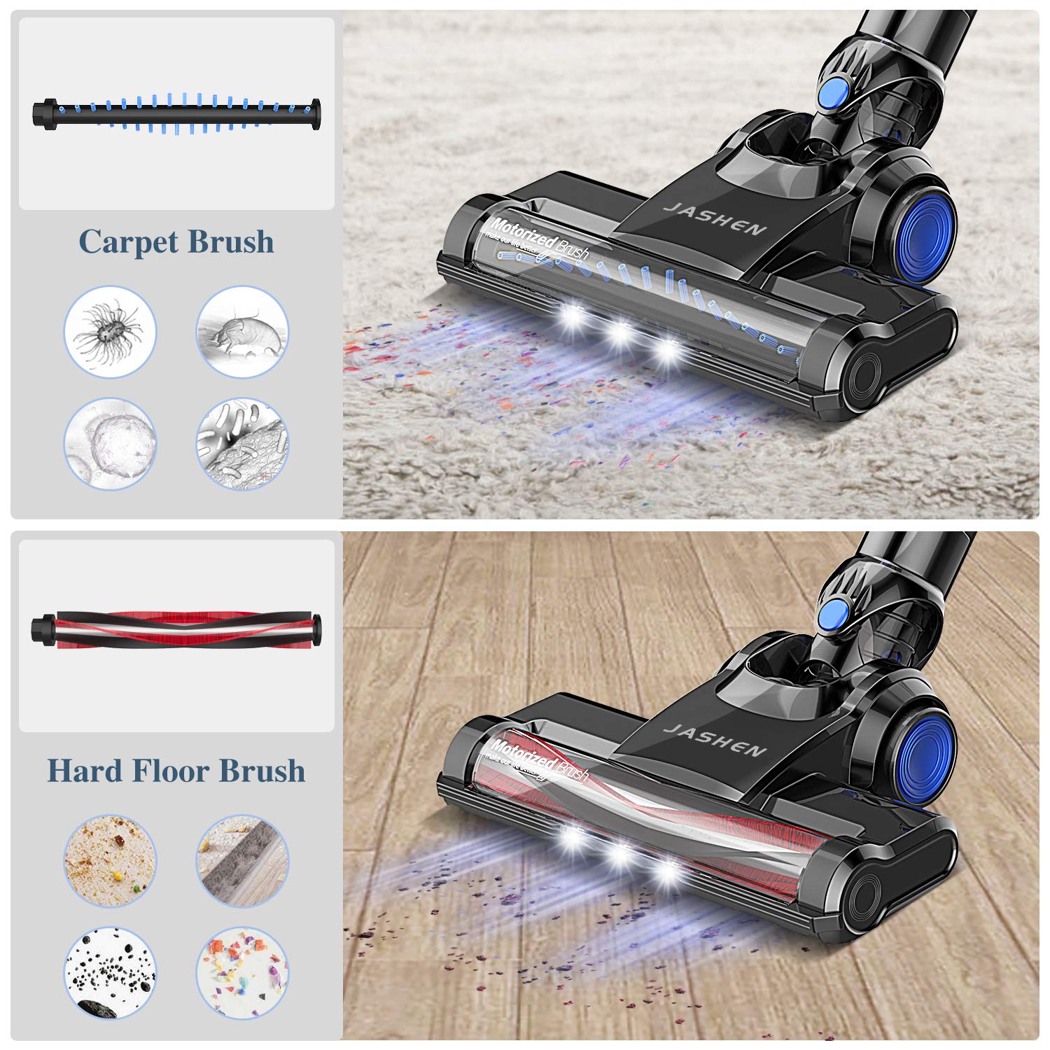 JASHEN Cordless Stick Vacuum, Powerful Stick Vacuum Cleaner Lightweight