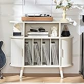 LELELINKY Large Round Record Player Stand with Charging Station & Fluted Display Shelf, White Mid Century Modern Turntable Ca