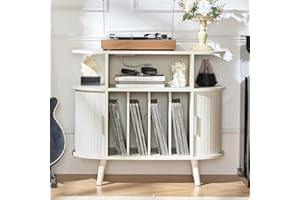 LELELINKY Large Round Record Player Stand with Charging Station & Fluted Display Shelf, White Mid Century Modern Turntable Cabinet with Vinyl Storage, Arched Wood Record Player Table for Living Room