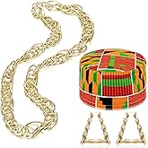 Yinkin 3 Pcs 80s 90s Hip Hop Costume Set African Kente Kufi Hat Gold Rope Chain Necklace Hollow Triangle Bamboo Earrings Hip Hop Jewelry for Men Women Rapper Freaknik Party Accessory Halloween