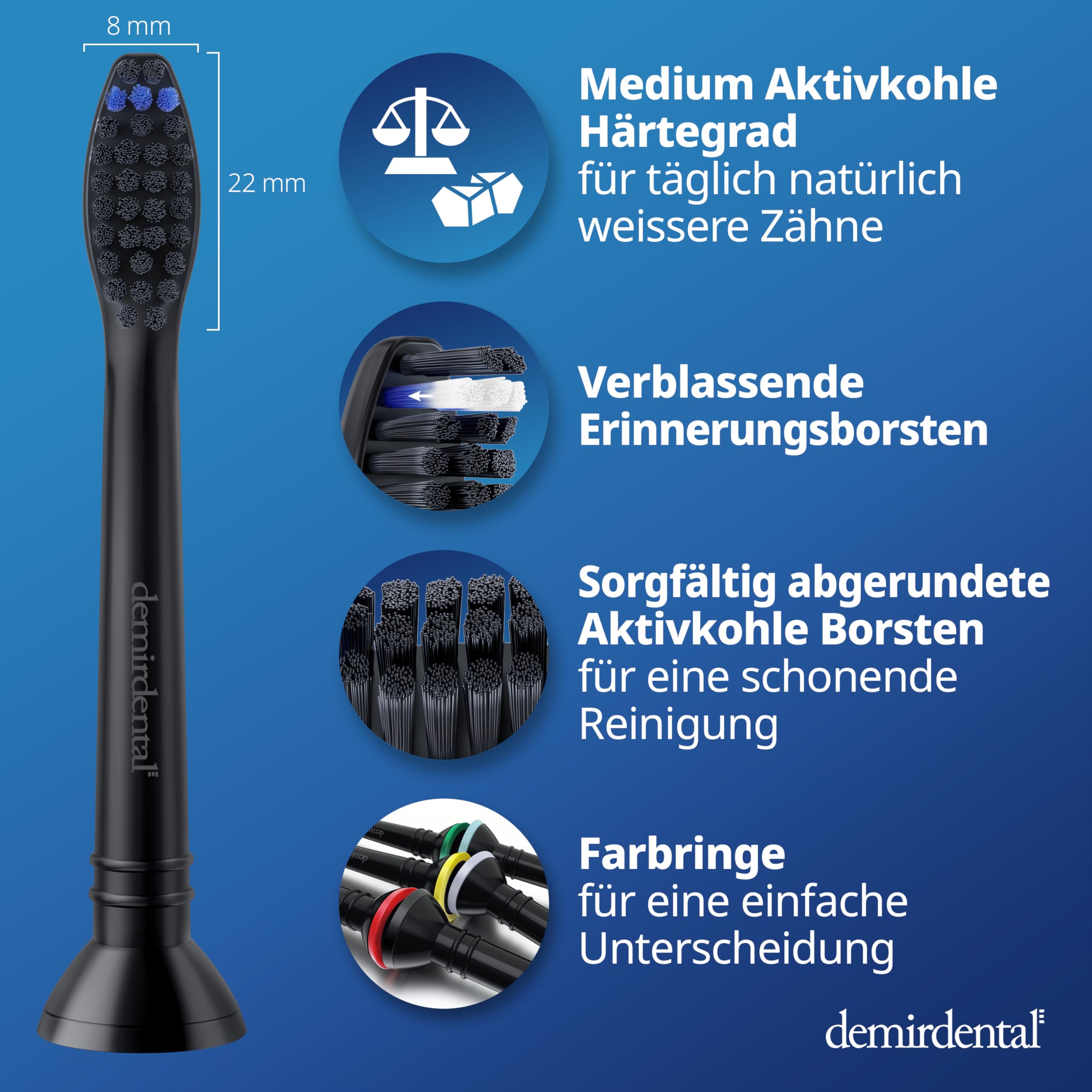 8er demirdental Ersatzbürsten passend für Philips Sonicare, Aktivkohle Aufsätze & Aufsteckbürsten, Medium Bürstenköpfe für natürliche Reinigung, Schwarz 3