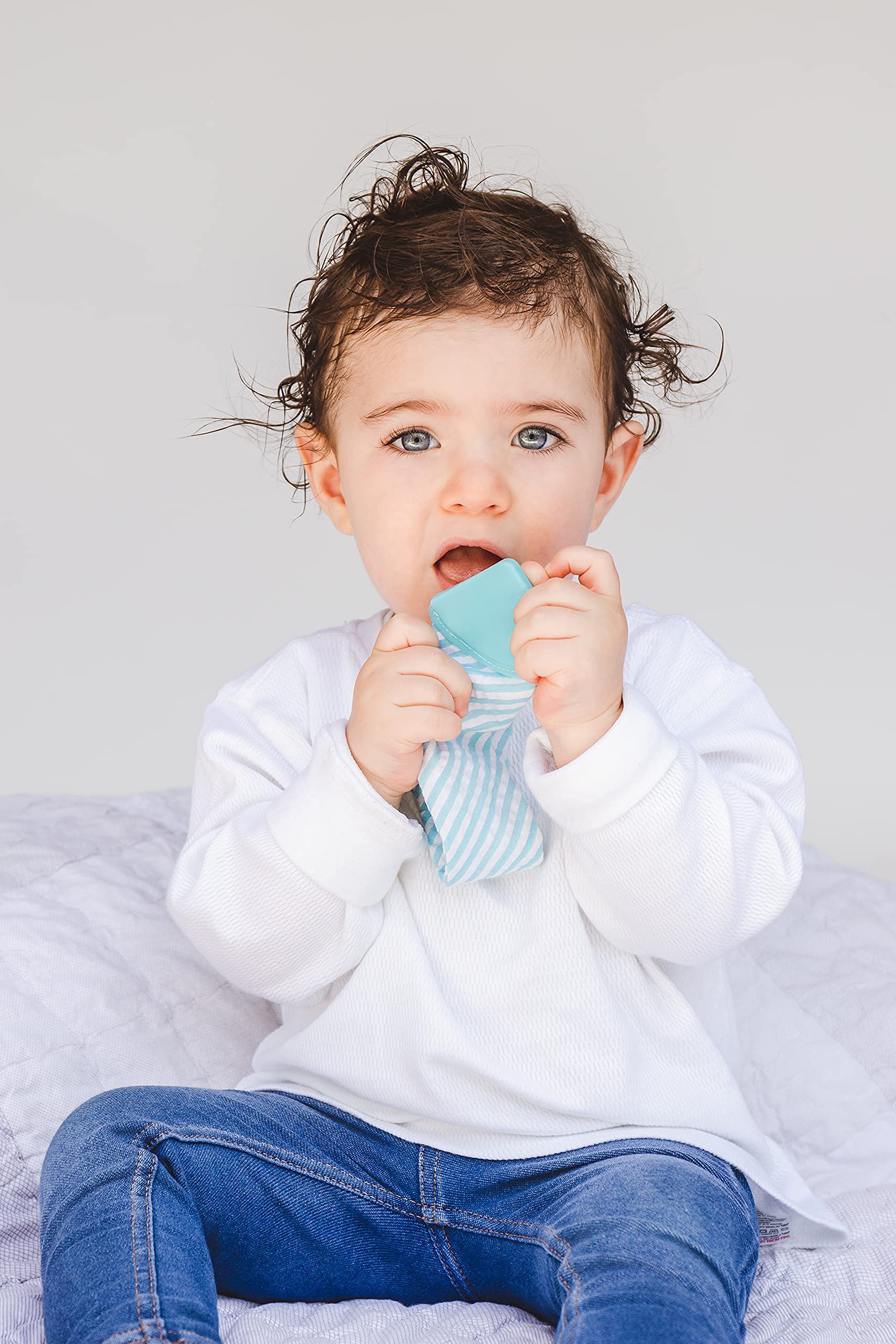 Tie Teether - The Perfect, Teething Solution. Baby Safe Clip on, Stimulating Sound. Machine Washable. Food Silicone (Aqua)